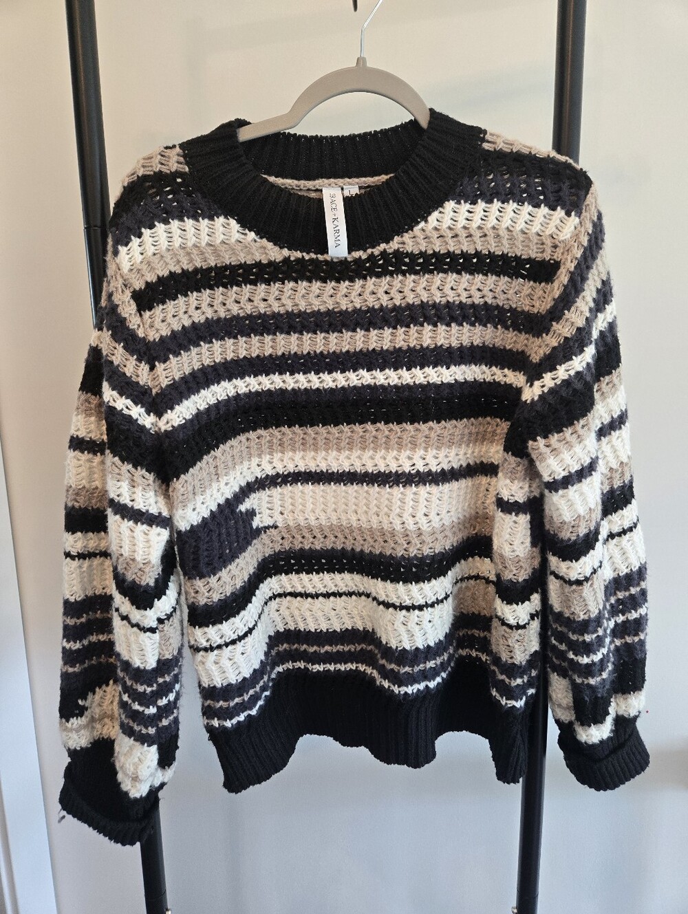 Grace + Karma Chunky Striped Knit Sweater Large Black Cream Taupe Cozy Pullover